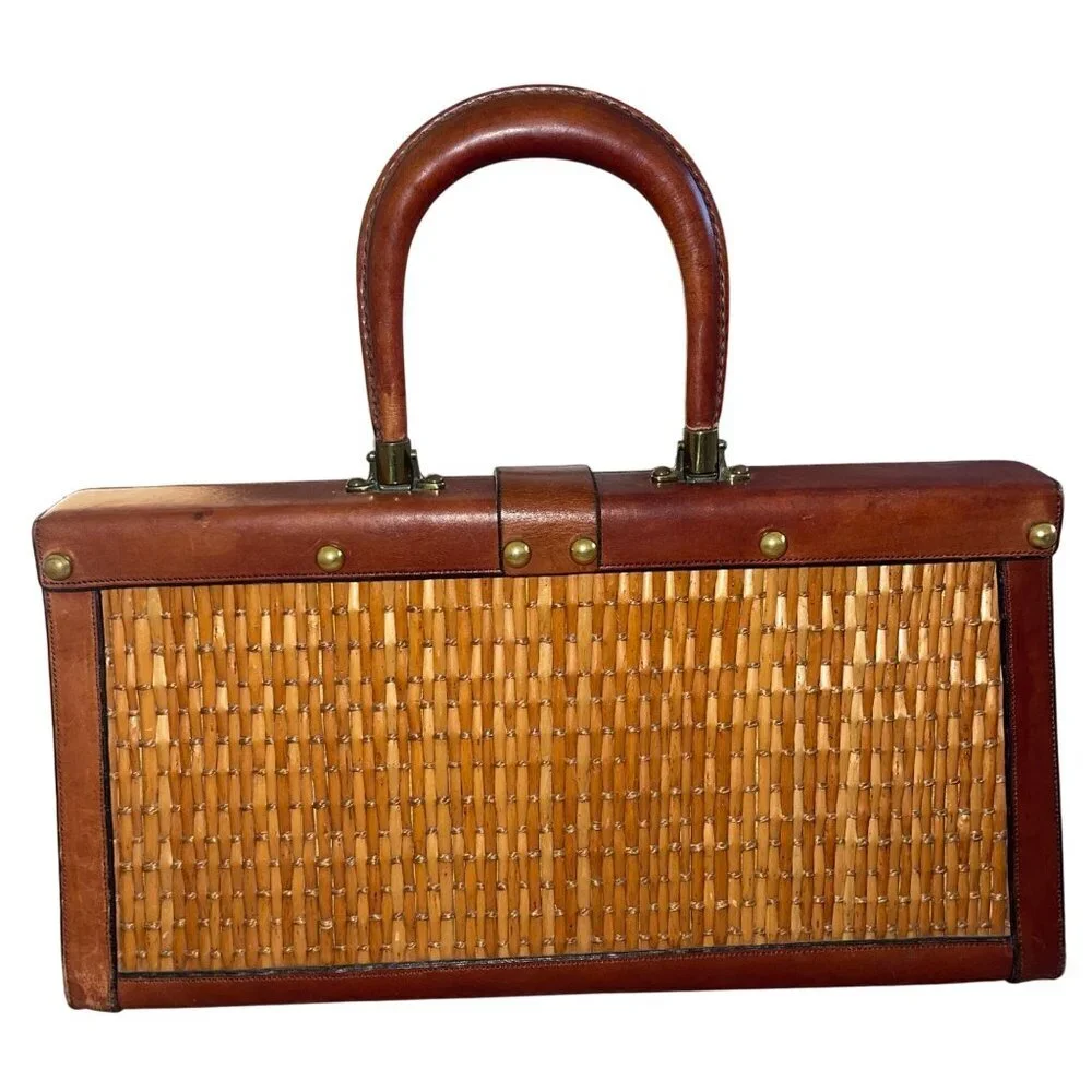 Etienne Aigner Vintage Womens Hand Bag Brown Leather Woven Rattan Satchel Purse